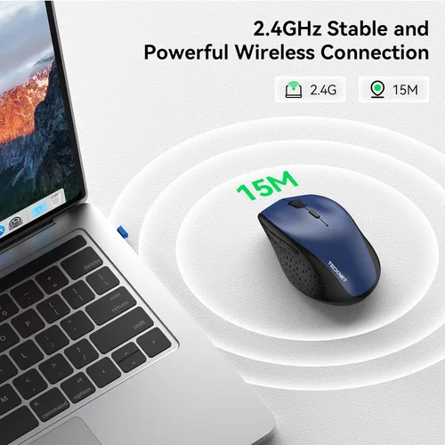Vista 5 de TECKNET Mouse inalámbrico, mouse USB de 2.4 G con 6 niveles ajustables 3200 DPI, batería de 30 meses, empuñaduras ergonómicas, 6 botones portátiles