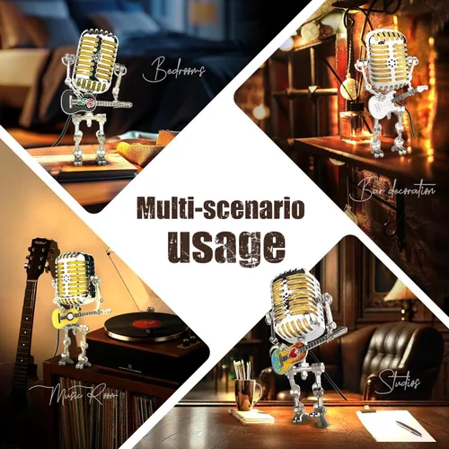 Vista 2 de Lámpara robótica de guitarra con micrófono vintage, regalos de música para hombres, regalos geniales para amantes de la música, luz vintage