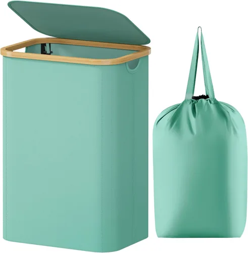 Vista 33 de Lifewit Cesta de lavandería de 80 litros con tapa, cestas de ropa para lavandería con asas de bambú y una bolsa de lavandería extraíble, cesta