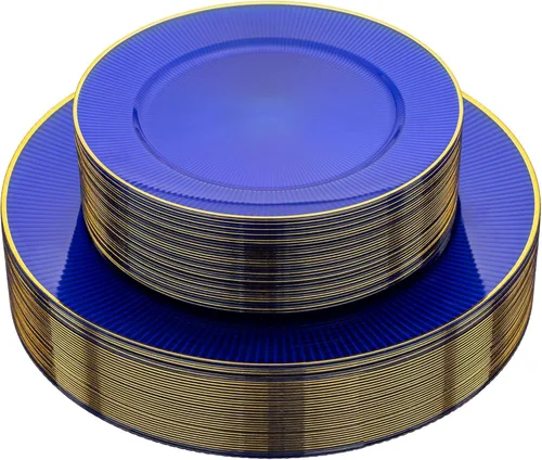 Vista 11 de 60 piezas de platos de plástico negro - Juego de vajilla desechable con borde dorado, martillado, resistente, adecuado para 30 invitados, platos