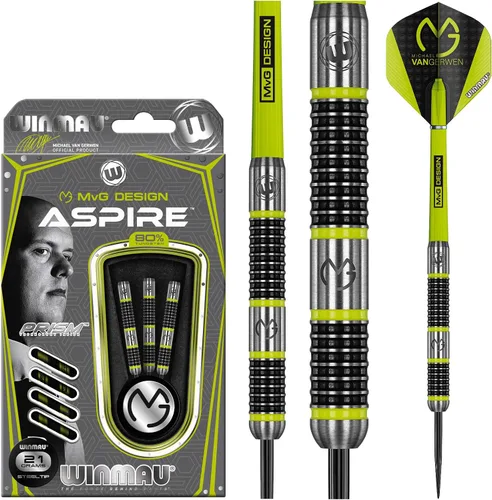 Vista 5 de WINMAU Michael Van Gerwen MvG Aspire - Juego de dardos con punta de acero de tungsteno con vuelos de prisma y ejes de nailon (tallos)