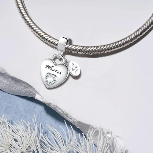 Vista 2 de Love You Family - Colgante de corazón con circonita cúbica para pulsera Pandora