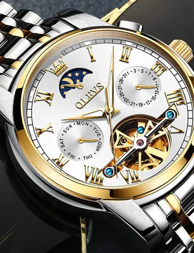 Vista 4 de OLEVS Relojes automáticos de cuerda automática para hombre, fecha y día, calendario, relojes de acero inoxidable, movimiento esquelético
