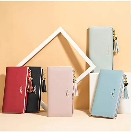Vista 6 de Yafanqi Cartera de cuero para mujer, organizador de tarjetas de crédito, con cremallera bonita, grande, larga, monedero, C- azul, Carteras largas