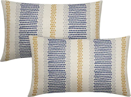 Vista 28 de Juego de 2 fundas de almohada negras y azules con rayas de puntos grises, decorativas para exteriores, estilo boho rústico, para sofá, cama, cojín