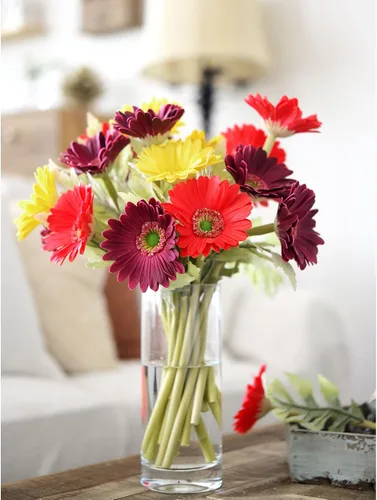 Vista 2 de FiveSeasonStuff Real Touch Gerbera Daisy - Arreglo de flores artificiales y ramo de boda (7 tallos florales, rojo baya)
