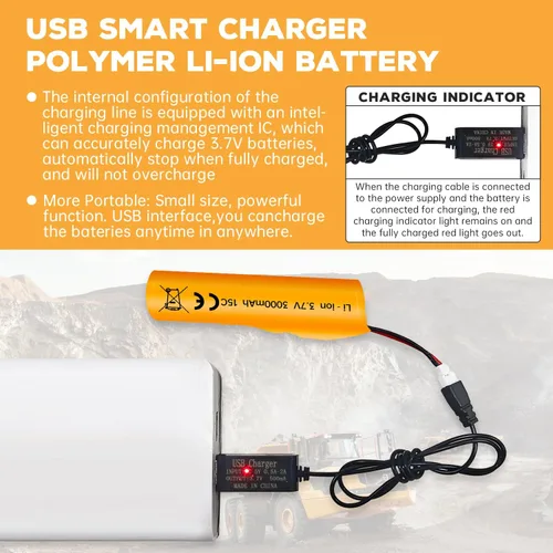 Vista 6 de Batería de iones de litio de 3.7 V 3000 mAh con enchufe Molex con cable de carga USB para RC Engineering Car Drift Car Truck Off-Road Vehículo RC