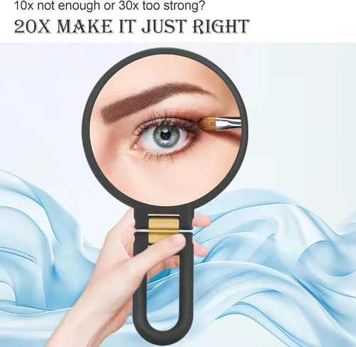 Vista 2 de 1 espejo de viaje con aumento, espejo de mano con mango - Espejo de mano de doble cara con 1 aumento de 20x y mango plegable, espejo de mano