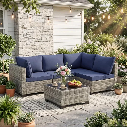 Vista 11 de ANJ Juego de muebles de mimbre para patio de 3 piezas, sofá modular de dos plazas con mesa de centro de cristal, juego de sofá de conversación