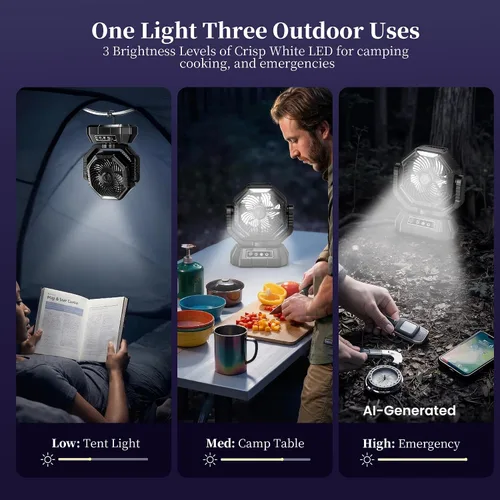 Vista 8 de AJVV Ventilador de camping con luz, control remoto y oscilación, ventilador colgante de tienda de campaña a batería, recargable portátil
