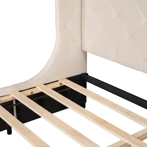 Vista 6 de Moderna cama de almacenamiento de madera, cama de plataforma tamaño Queen con un cajón grande, cama de plataforma tapizada de terciopelo