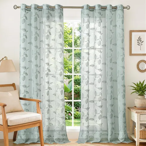 Vista 10 de BGment - Cortinas traslúcidas blancas de 84 pulgadas de largo, 2 paneles - Cortinas semitraslúcidas bordadas con patrón de hojas, cortinas con Hoja