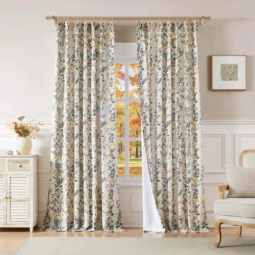 Vista 17 de Kayne Studio Cortinas opacas con estampado botánico de lino y hojas florales grises, cortinas de granja con bloqueo de luz de eficiencia energética
