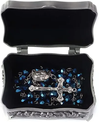 Vista 4 de Rosario católico para mujer con caja de rosario, collar de rosario de cuentas de cristal azul con caja de joyería vintage de la última cena, cuentas