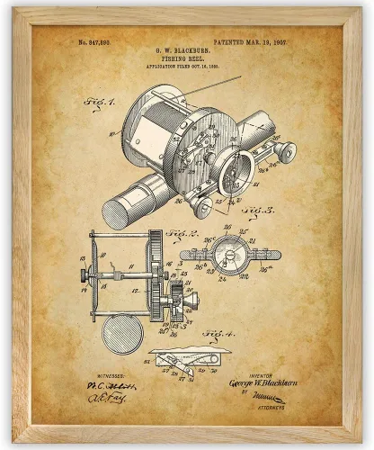 Vista 11 de 1905 Fishing Reel Patent Print - Lake House and Cabin Wall Decor, Great Fishing Camp Display, Outdoor Beach Decor, Classic Gifts for Fisherman