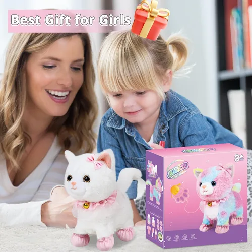 Vista 7 de Jimate Juguete electrónico interactivo de peluche robot que camina y ladra, gato de peluche con control remoto para niñas (gato blanco)