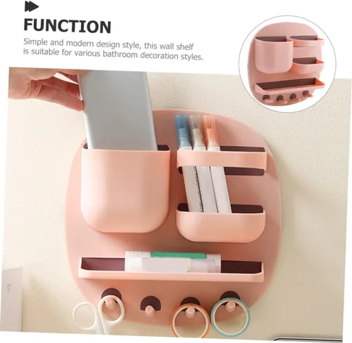 Vista 6 de Estante de pared para baño, estante para colocar sobre el gabinete, estantes de cocina de polipropileno rosa, estante organizador de baño