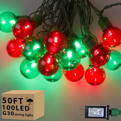 Vista 8 de 100 luces LED de 50 pies de globo de Navidad para exteriores, luces redondas G30 de Navidad pequeñas, conectables impermeables, para patio, aleros