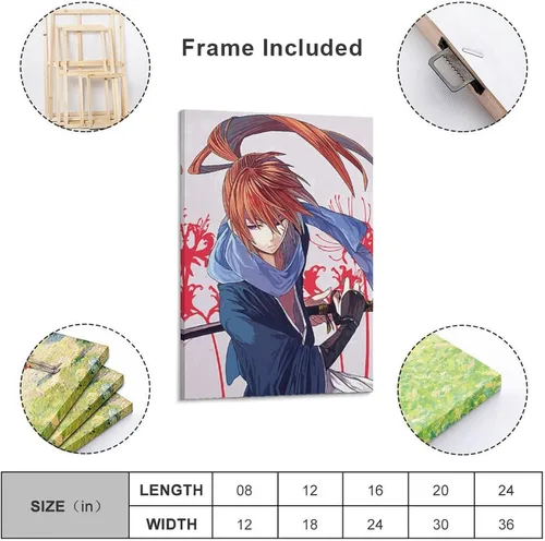 Vista 2 de Póster de anime, Rurouni Kenshin Himura, póster de lienzo para decoración de pared, decoración de habitación, decoración de dormitorio, regalos