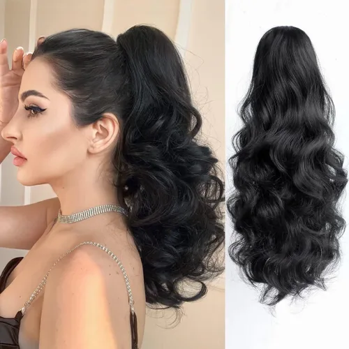 Vista 31 de Extensión de cola de caballo de garra negra natural ondulada de 16 pulgadas, extensiones de cabello sintético rizado con clip, extensiones