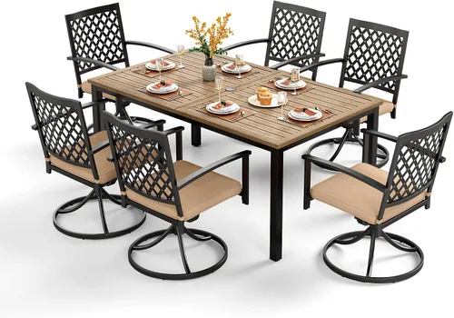 Vista 28 de PHI VILLA Juego de comedor al aire libre de 7 piezas para 6, mesa rectangular de metal negro de 60 pulgadas con agujero para sombrilla y sillas