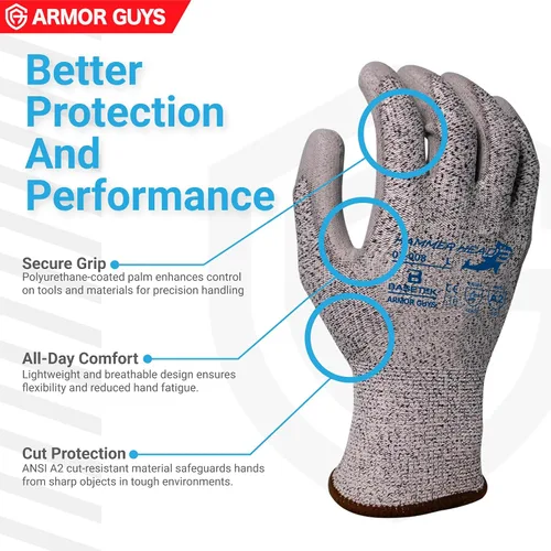 Vista 3 de Armor Guys Hammer Head 3 Basetek - Guantes de trabajo protectores – Agarre de poliuretano gris para mujeres y hombres con forro HDPE A3 Basetek – L