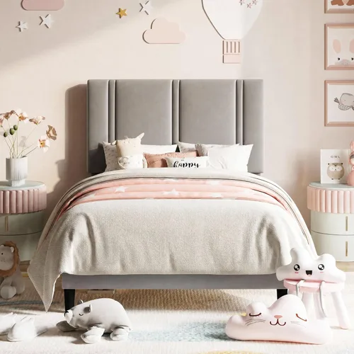 Vista 11 de Allewie Twin Platform Bed Frame with Velvet Upholstered Headboard