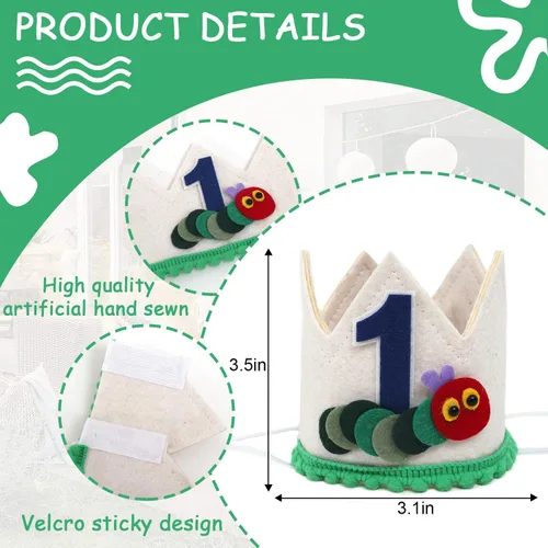 Vista 2 de Hungry Caterpillar - Corona de primer cumpleaños – Decoración de fiesta temática de frutas, sombrero de primer cumpleaños y accesorio para aplastar