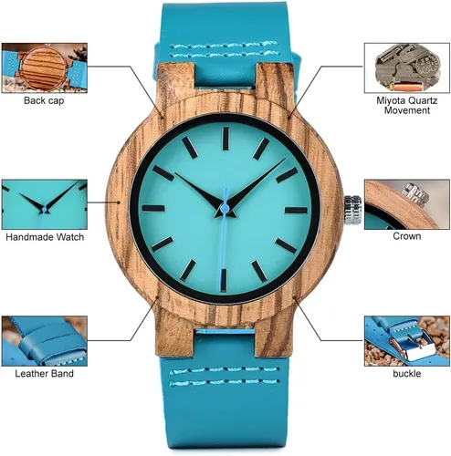 Vista 6 de BOBO BIRD Reloj de madera de bambú para hombre y mujer con correa de cuero de vaca azul, relojes casuales para el amor con caja
