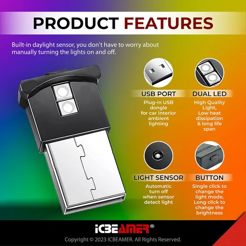 Vista 2 de ICBEAMER Smart USB 1-Paquete (Azul) Luz de Noche LED Automática Plug-in Miniatura para Coche, Van, Pickup, Camión, Interior, Maletero, Iluminación