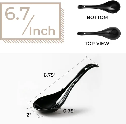 Vista 2 de DOWAN Cucharas de sopa, cucharas de sopa asiáticas de cerámica, cuchara japonesa negra grande para Ramen Pho Wonton Dumpling Miso, diseño de gancho