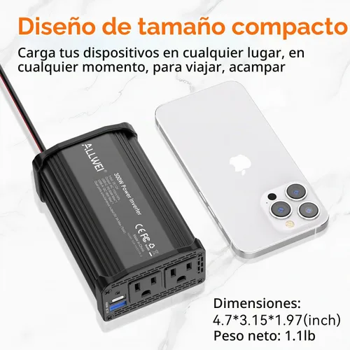 Vista 6 de ALLWEI - Inversor de corriente de 300 W, adaptador de toma de corriente con enchufe para coche, CC 12 V a CA 110 V, con cargador rápido USB-C PD