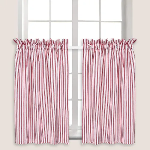 Vista 2 de Cortinas de Café a Rayas de Ticking Rojas y Blancas de 28 Pulgadas de Ancho x 24 Pulgadas de Largo de Algodón Tejido, Juego de 2