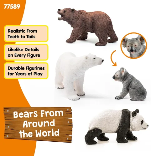 Vista 2 de Schleich Wild Life - Juego de 4 figuras de oso - Figura realista de panda, koala, grizzly y oso polar para niños y niños pequeños - Juguetes