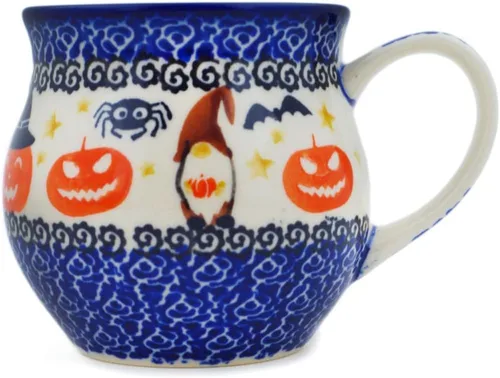 Vista 19 de Auténtica taza de burbujas de cerámica polaca de 13 onzas en diseño amarillo hecho a mano en Bolesławiec Polonia por Ceramika Bona + certificado