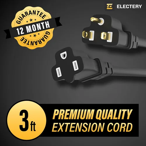 Vista 2 de Cable de extensión negro de 3 pies 16/3 SJTW de 3 clavijas para exteriores, 13 amperios, 125 V, cable de alimentación, enchufe flexible e