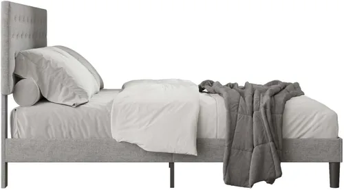 Vista 8 de Base de cama tapizada de tamaño matrimonial con cabecera de botón ajustable, base de colchón con soporte de listones de madera, no necesita somier