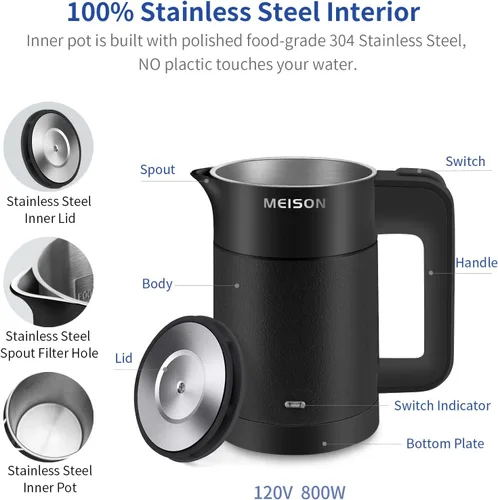 Vista 2 de 0.6L Hervidor Eléctrico Pequeño de Acero Inoxidable, Calentador de Agua Caliente Portátil de Pared Doble, Tetera de Té Mini de Tacto Frío, Apagado