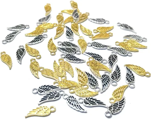 Vista 2 de CellCase 100 dijes de plumas de alas de ángel de 3/4 pulgadas para suministros de fabricación de joyas de bricolaje Plata antigua