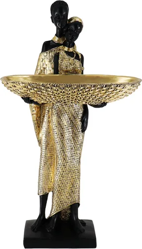 Vista 9 de Escultura Africana Hecha a Mano de Mujer Sentada - Figura Tribal Dorada Sosteniendo Canasta, Decoración del Hogar de Resina para Estante/Mesa