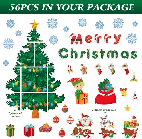 Vista 4 de Konsait Decoración de tablero de anuncios de árbol de Navidad, 56 unidades, cajas de regalo de copos de nieve de Papá Noel, recortes de Navidad