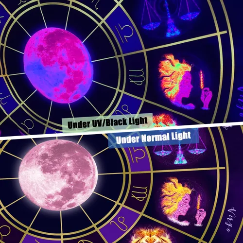 Vista 4 de Tapiz de luz negra del zodiaco – Reactivo UV que brilla en la oscuridad constelación brujería colgante de pared para dormitorio