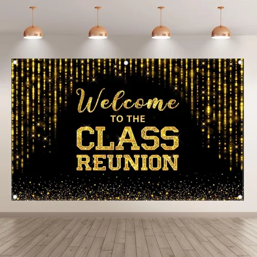 Vista 2 de Telón de fondo dorado de 96 x 60 pulgadas con texto en inglés "Welcome to the Class Reunion 20th 30th 40th Reunion Fotografía Fondo de Fiesta