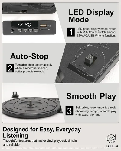 Vista 7 de Tocadiscos de vinilo Bluetooth, reproductor de vinilo retro de 3 velocidades con altavoces integrados, entrada AUX, parada automática, grabación
