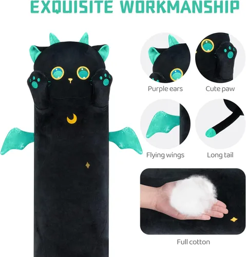 Vista 7 de Mewaii 2 almohadas largas de felpa de gato negro de 44 pulgadas + almohada de felpa de 44 pulgadas con ojos grandes de gatito