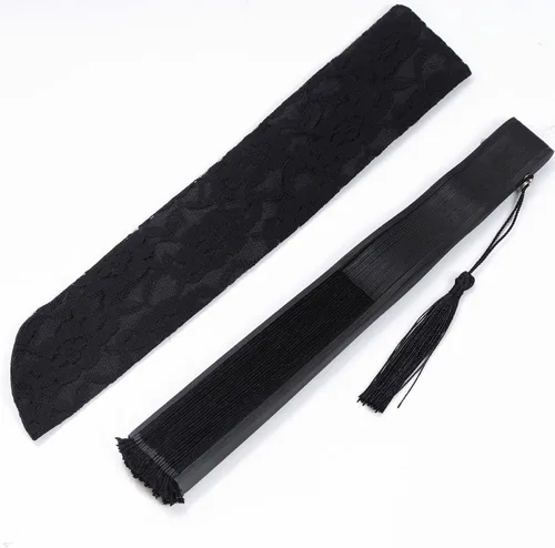 Vista 6 de choyaxo - Abanico de mano de encaje chino plegable de bambú y seda para mujeres, para decoración de bodas, bailes y fiestas, negro