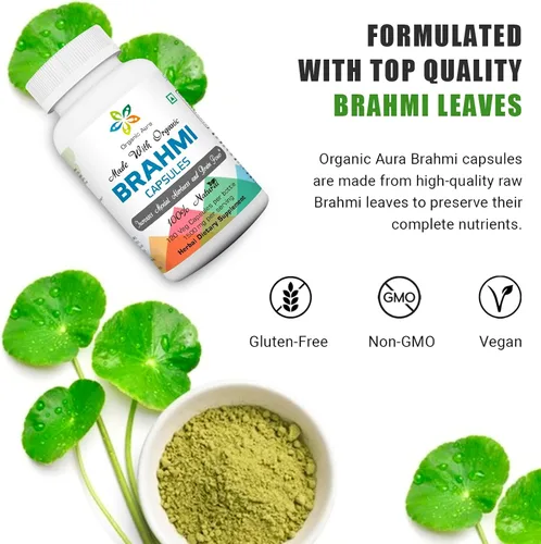 Vista 3 de Organic Aura Cápsulas Brahmi -120 unidades. Fortalece y aumenta naturalmente la inmunidad y la memoria. Superalimento verde entero. Sin OMG, sin