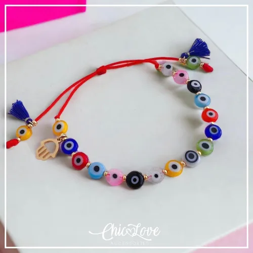 Vista 5 de Pulsera de protección completa, pulsera de mal de ojo de cadena roja, pulsera de mal de ojo multicolor, pulsera de ojo turco, pulsera de mal de ojo