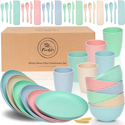 Vista 10 de FOODLE Juego de vajilla de paja de trigo, sin BPA, irrompible, apto para microondas y lavavajillas, alternativa a los platos de plástico, perfecto