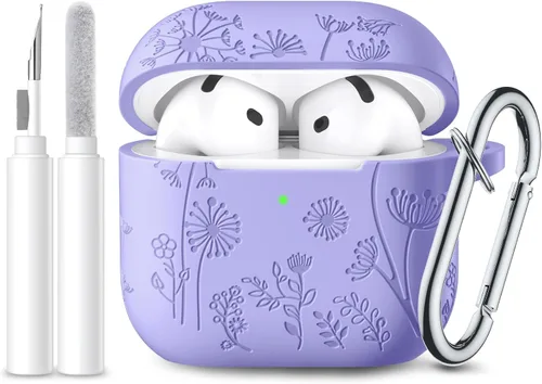 Vista 19 de Lerobo Funda para AirPods 5/4, funda de silicona suave grabada con flores A-Negro